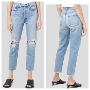 AGOLDE WOMEN'S RILEY HIGH RISE STRAIGHT CROP JEAN Light Wash Size 26 Distressed